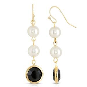 1928 Jewelry Women's Gold Tone Jet Black Crystal Pearl Linear Drop Earrings #80